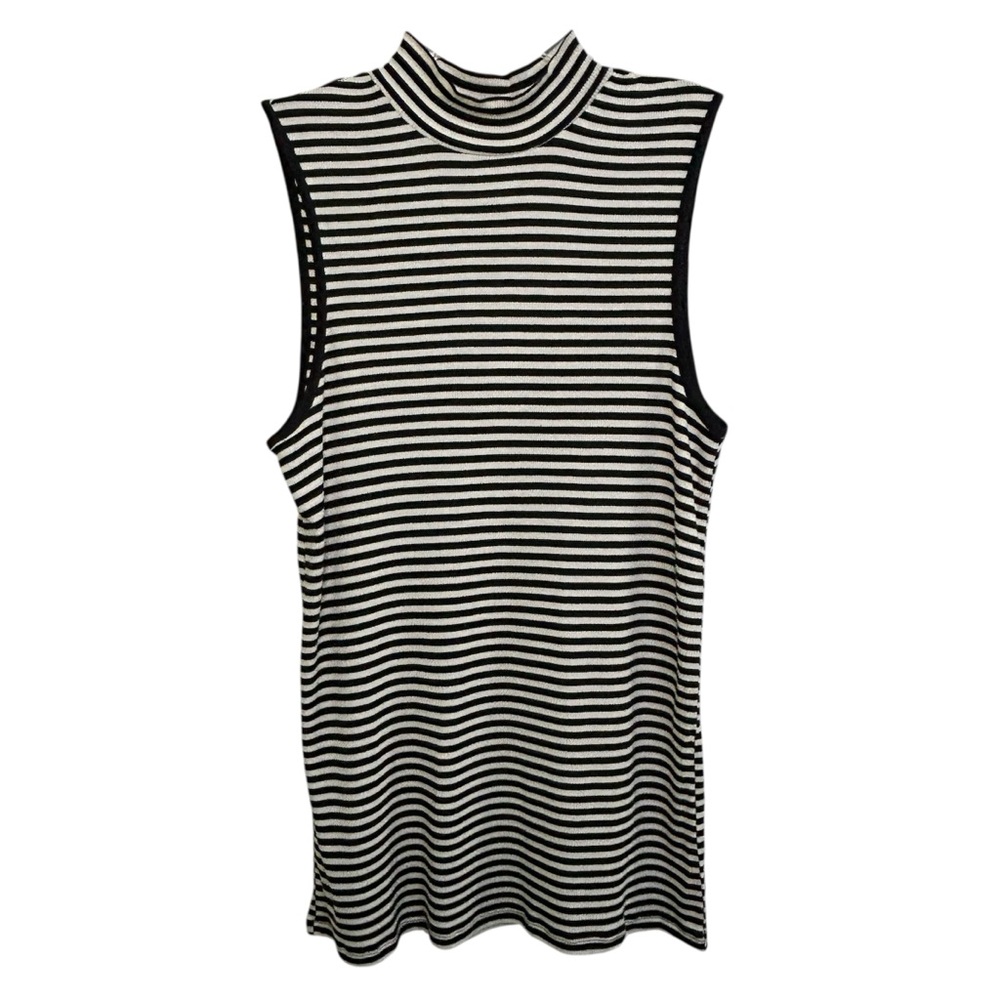 NWT Workshop Sleeveless Blouse Black and White Stripe Mock Neck Sz Large